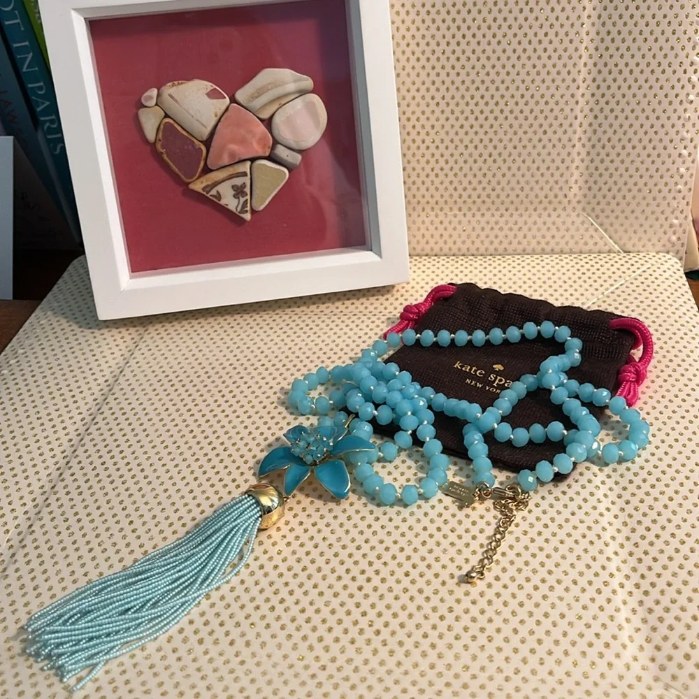 Kate Spade🩵Torquise Enamel Lily/Tassle Necklace with Pouch